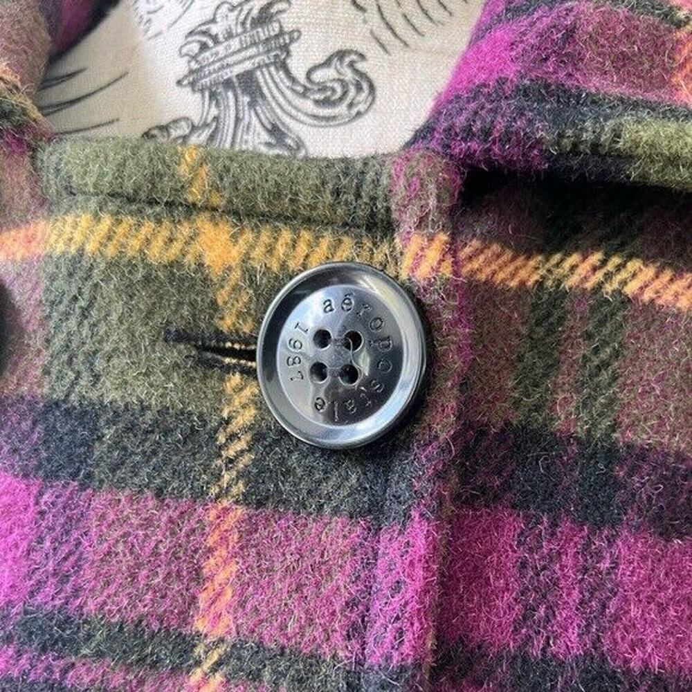 Y2K Aeropostale Wool blend lined plaid double breasted pea coat with pockets - Picture 8 of 12